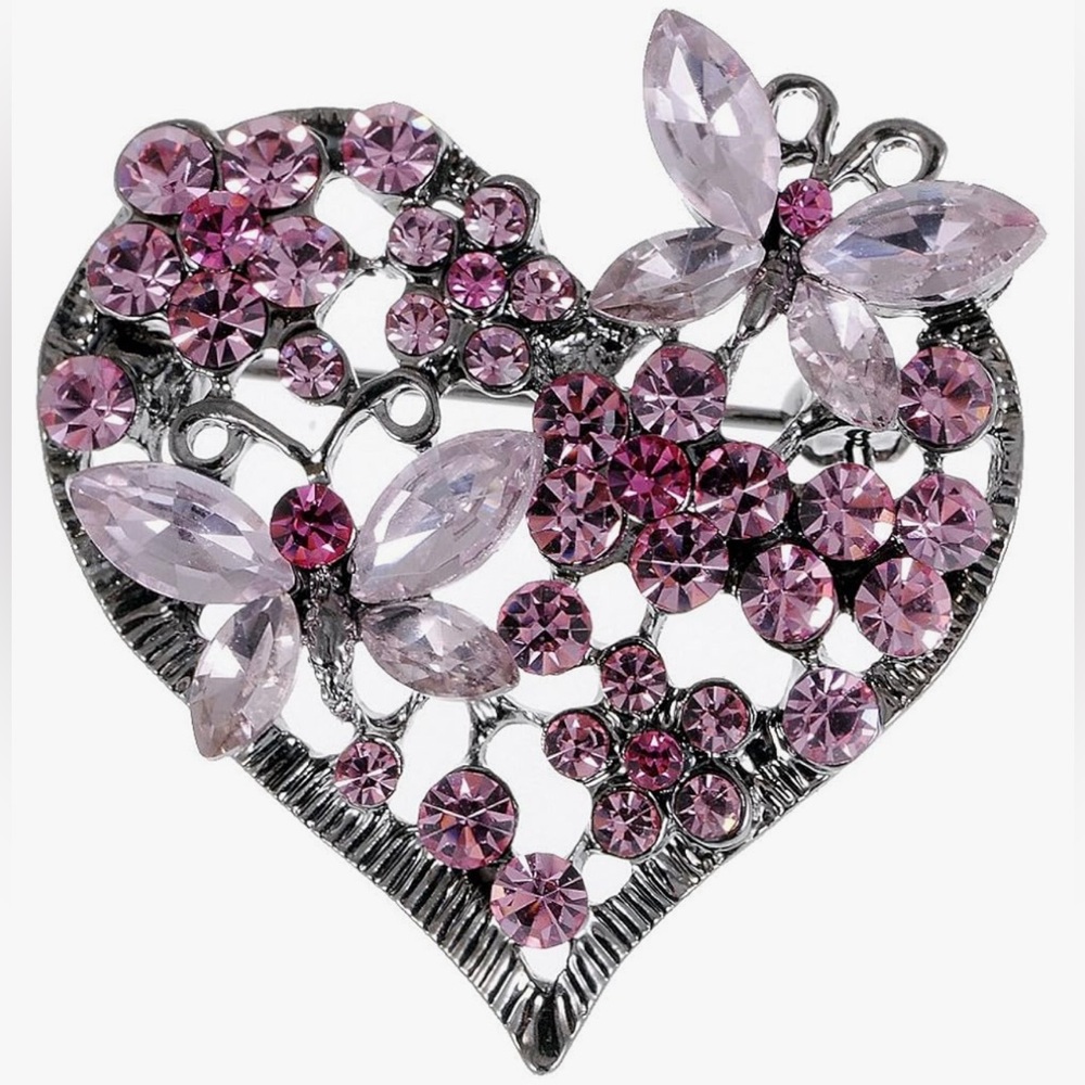 #1048 Sparkly Pink Crystal Butterfly & Flowers Heart with Silver-tone Brooch Pin